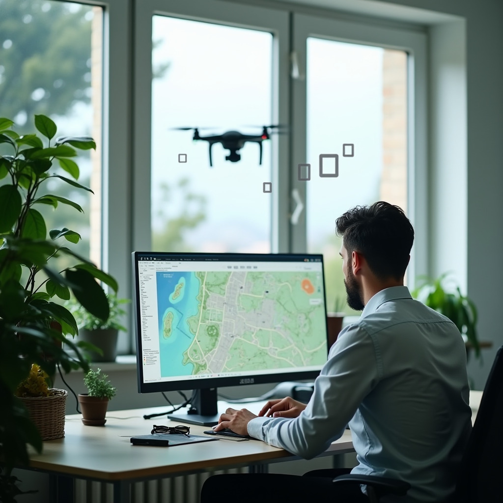 Un géomètre utilise un ordinateur pour analyser une carte géographique avec un drone flottant en arrière-plan, symbolisant l'innovation numérique lors de la Journée mondiale sans papier.