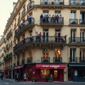 Des résidents sur des balcons d'un immeuble parisien affichent leur soutien à une campagne contre Airbnb, avec une banderole rouge visible en bas indiquant "STOP AIRBNB". L'environnement inclut des boutiques et passants en pleine rue.