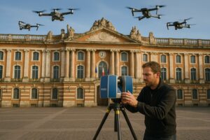 Un technicien règle un scanner laser FARO sur trépied devant un bâtiment historique de style baroque, pendant que plusieurs drones volent au-dessus pour capturer des données aériennes.