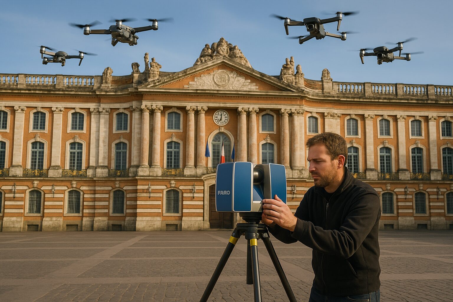 Un technicien règle un scanner laser FARO sur trépied devant un bâtiment historique de style baroque, pendant que plusieurs drones volent au-dessus pour capturer des données aériennes.