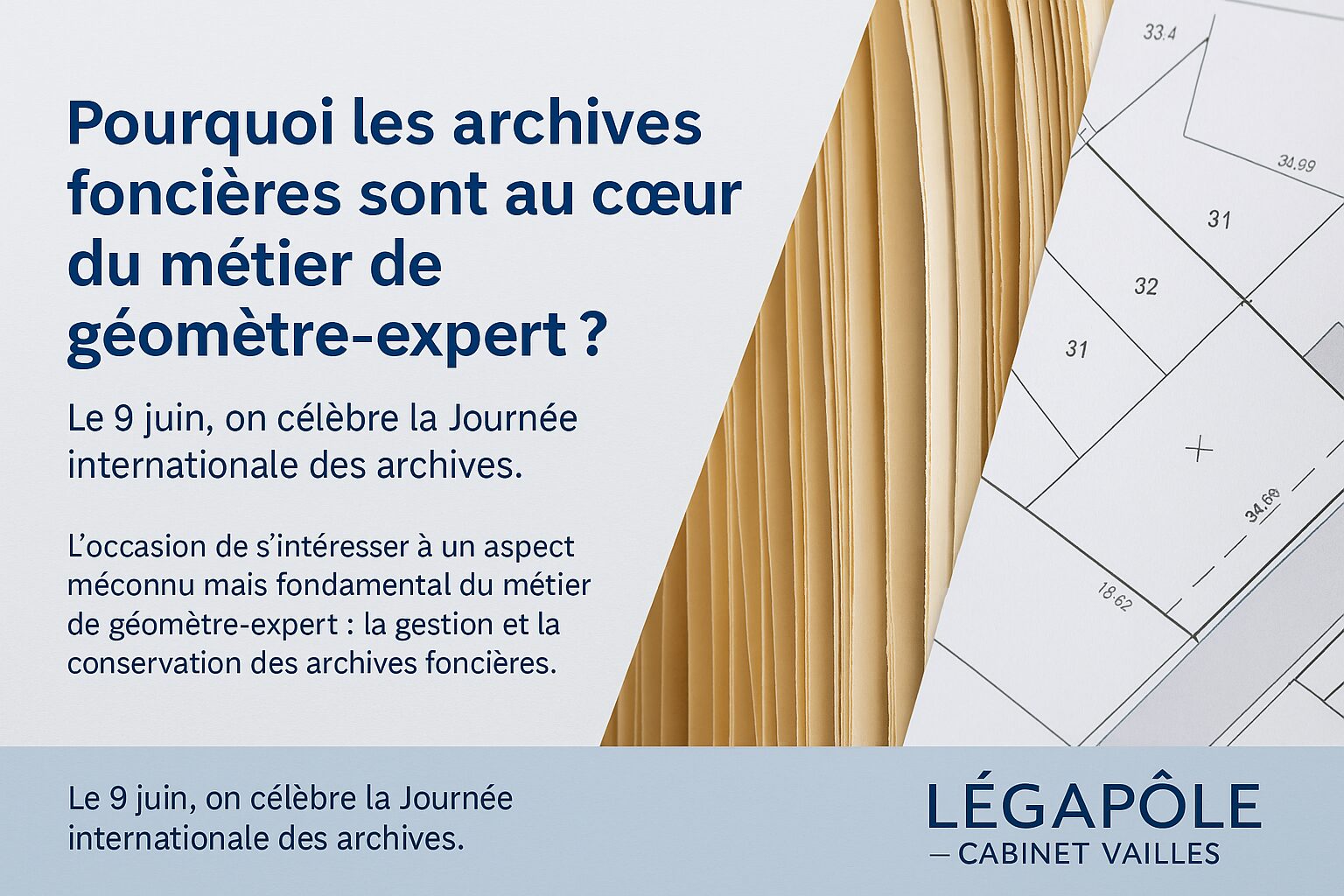 Affiche expliquant pourquoi les archives foncières sont au cœur du métier de géomètre-expert, publiée à l’occasion de la Journée internationale des archives.