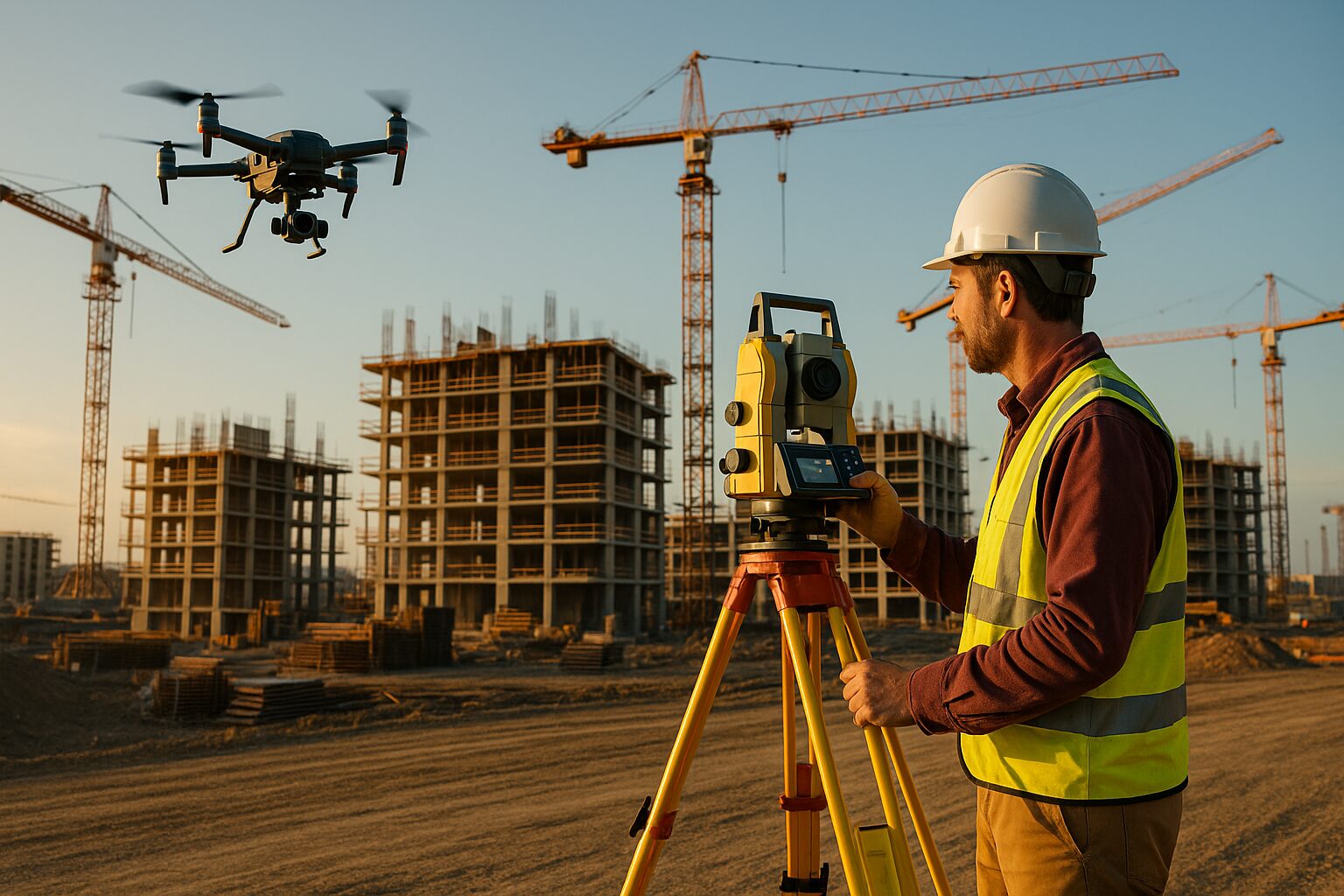 Géomètre-expert utilisant une station totale sur un chantier de construction avec un drone en vol et des immeubles en cours d’édification.