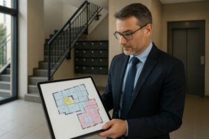 Géomètre-expert en costume présentant un plan de copropriété sur une tablette dans le hall d’un immeuble résidentiel.