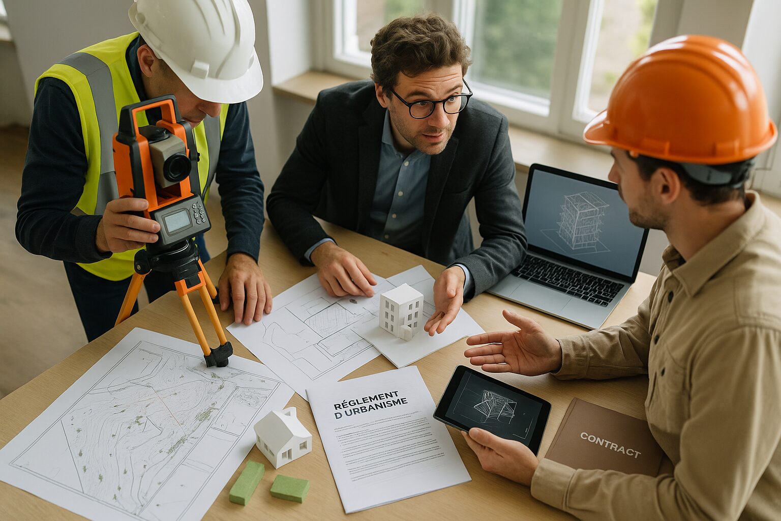 Géomètre-expert à Toulouse en réunion avec un architecte et un ingénieur pour un projet immobilier, plans topographiques et règlement d’urbanisme sur la table.