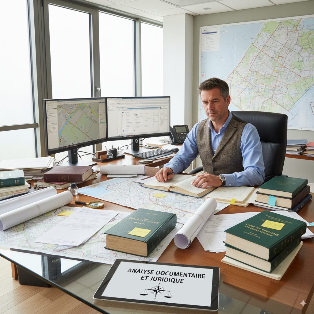 Géomètre-expert à Toulouse réalisant une analyse foncière et juridique avec cartes cadastrales, documents d’urbanisme et registres de propriété.