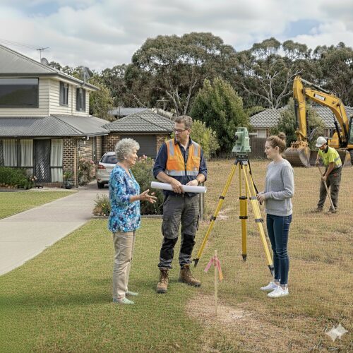 Géomètre-expert à Toulouse réalisant le bornage d’un terrain résidentiel avec station topographique et échange avec les propriétaires.