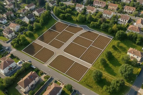 Vue aérienne d’un terrain résidentiel divisé en lots constructibles avec voies d’accès, délimité par un géomètre-expert.