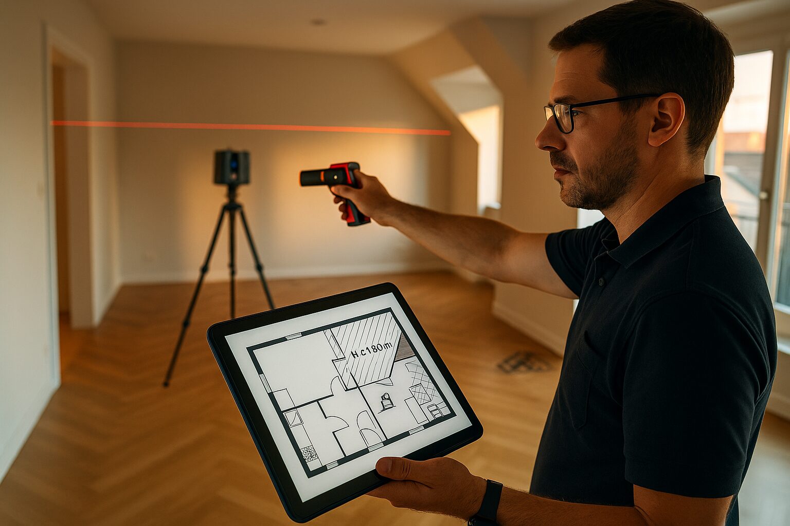 Géomètre-expert à Toulouse mesurant la surface Carrez d’un appartement avec laser, tablette et scanner 3D.
