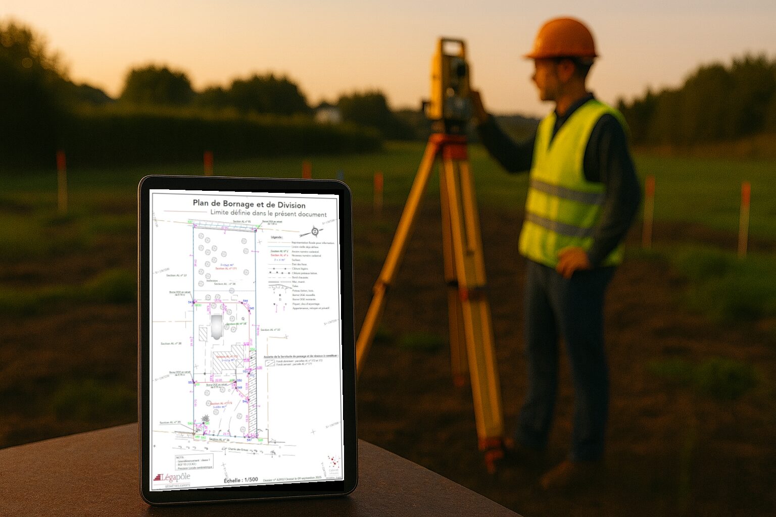 Un géomètre-expert en casque et gilet de sécurité utilise une station totale sur un terrain, tandis qu’une tablette en premier plan affiche un plan de bornage et de division détaillé.